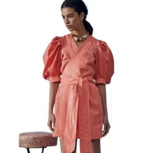 Hunter Bell The Hampton Wrap Dress Large Melon Orange Puff Sleeve Luxury Party